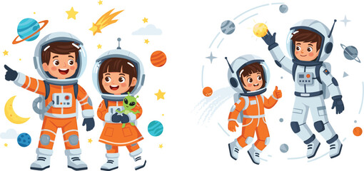 Cartoon children astronauts in space suits, playful exploration with planets, stars, moon, comet, alien toy, fun space adventure illustration © MdAnisur