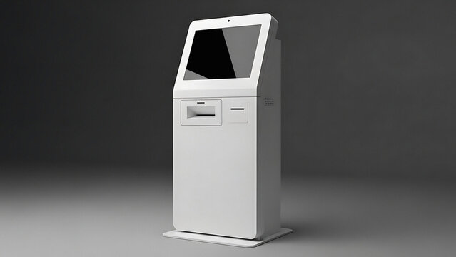 Modern self-service kiosk with touchscreen display and card reader