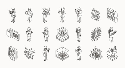 Fototapeta premium Isometric line art icons set featuring scientists, engineers, and tech professionals working with AI, robotics, data, and innovation in a modern environment.