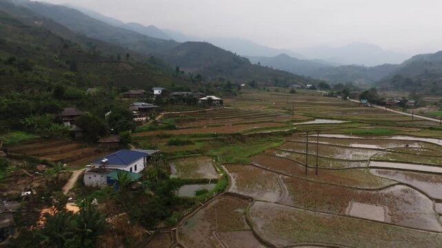River stream flowing through na pheo rice valley in vietnam showcasing the natural beauty and agriculture of the region.