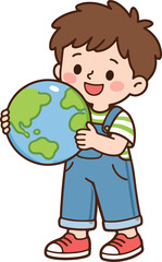 Cute child holding planet earth eco concept cartoon illustration