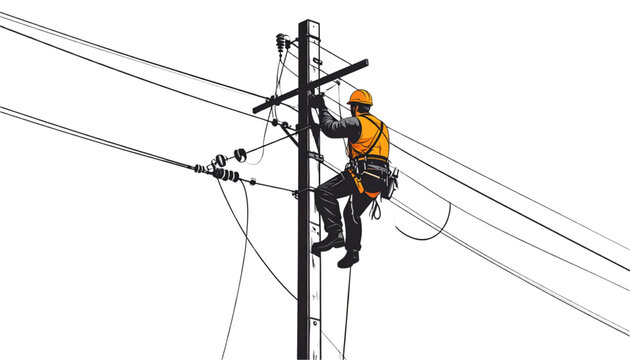 A utility worker in an orange vest and hard hat climbing a power pole on transparent background