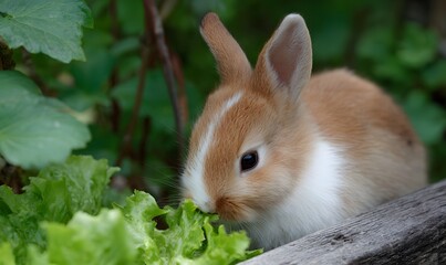Fototapeta premium Cute bunny rabbit eating lettuce in garden 