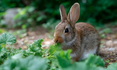 Fototapeta premium Cute bunny rabbit eating lettuce in garden 