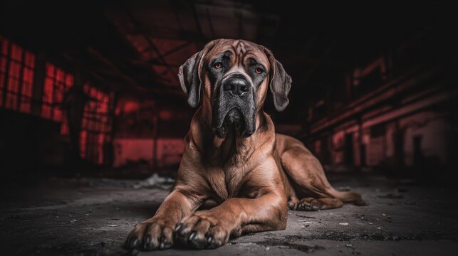 Majestic Fila Brasileiro Mastiff Dog with Intense Gaze in Moody Industrial Setting