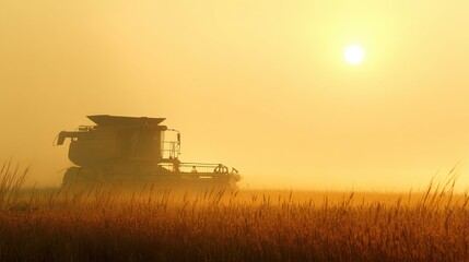 Fototapeta premium Large-scale agricultural harvesting combine operating in a golden field at sunrise