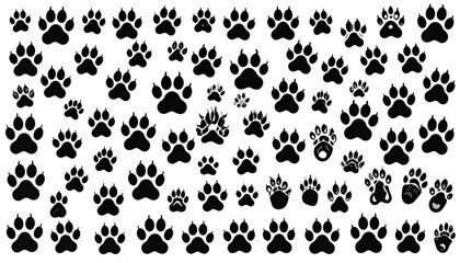 A monochromatic pattern of paw prints filling a seamless background design isolated on transparent background © MDSUJON