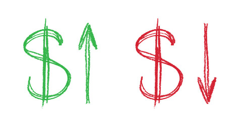 Hand drawn dollar currency symbol Growth and fall profit with arrow up and down Brush stroke doodle Element for design © Daria Shane