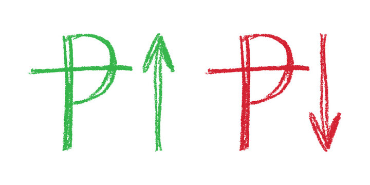 Hand drawn peseta currency symbol Growth and fall profit with arrow up and down Brush stroke doodle Element for design