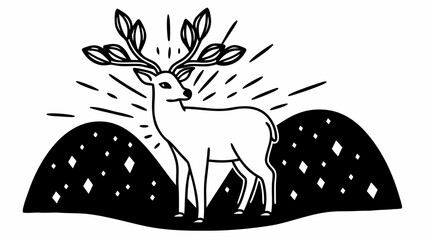 Majestic deer with leafy antlers stands proudly on stylized hills. © sajida