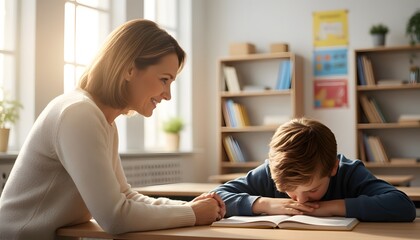 Fototapeta premium A caring teacher talking to an upset student in a warm classroom, providing emotional support and guidance for a childhood struggle concept.