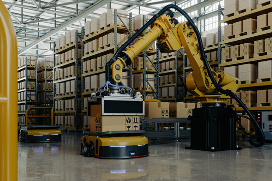 Automated warehouse logistics with robotic arm and AGV carrying cardboard boxes for smart factory automation- 3D rendering