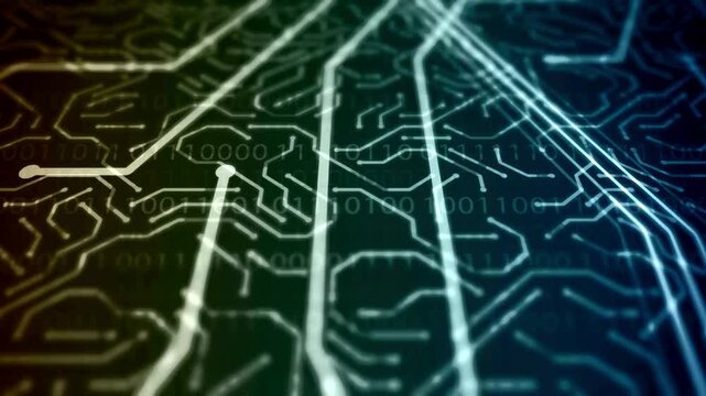 Processor among circuits and electronic components. visualizing digital impact when computer starting or booting. data flow in computer motherboard.