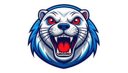 A fierce lion's head logo with a blue mane and red eyes on transparent background © MDSUJON