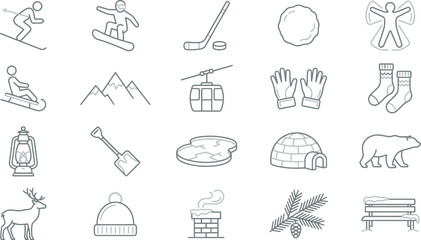 Collection of winter sports icons representing outdoor activities, cold weather, and seasonal recreation © Septarim