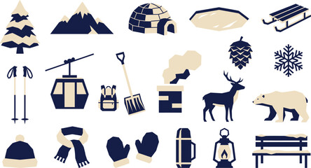 Collection of flat vector icons representing winter mountain activities and arctic wildlife elements. © Septarim