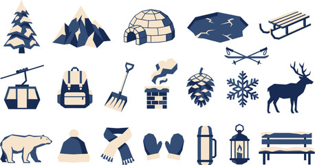 Collection of diverse winter activity icons featuring snowy landscapes and warm accessories © Septarim