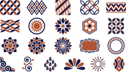 Collection of beautiful geometric and floral Indonesian batik inspired design elements. © Septarim
