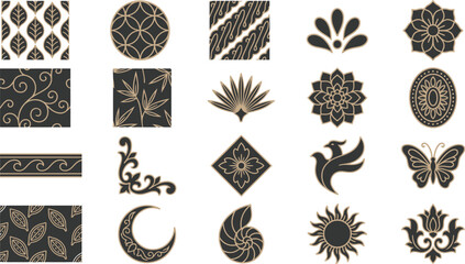 A diverse collection of elegant, nature-inspired decorative vector elements and seamless patterns for design. © Septarim