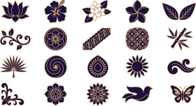 Collection of elegant traditional asian inspired floral and nature silhouette vector design elements