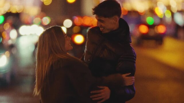 Showcasing a romantic city trip concept a couple embracing on a Paris street at night Shot in a Super 8 film style with handheld camera work blurry focus and bokeh effects travel romance or lifestyle 