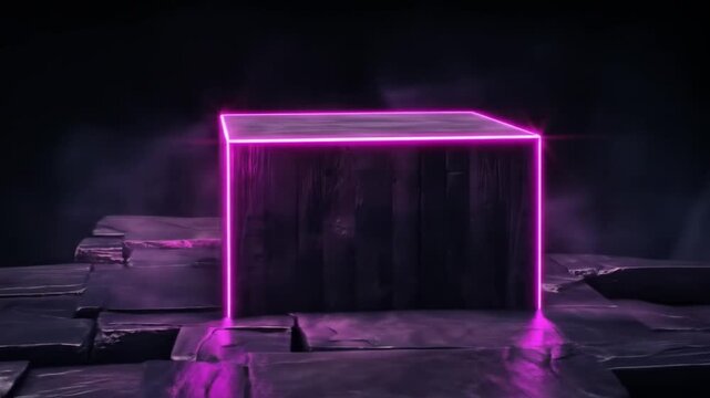 Abstract neon cube with glowing edges on dark surface for display