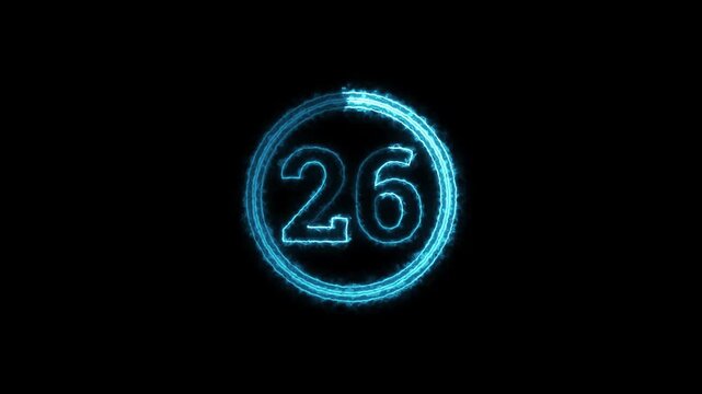 Blue neon glowing countdown timer number 26 animation on black background for digital progress bar.