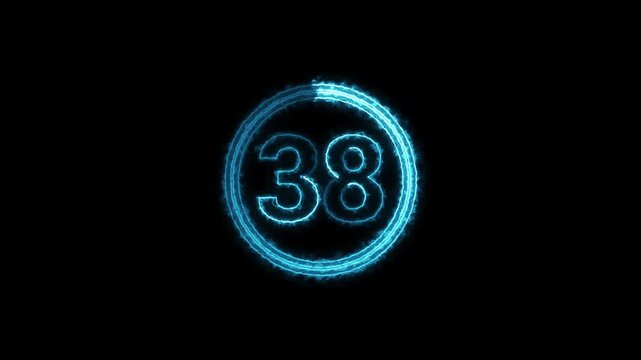 Abstract neon blue glowing countdown timer animation 38 seconds for digital loading and technology video.