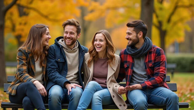 Friends Laughing and Sitting Together on Park Bench in Autumn