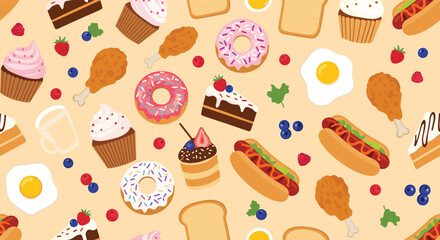 Seamless background pattern filled with delicious food items like fried chicken, cupcakes, donuts, hot dogs and eggs.
