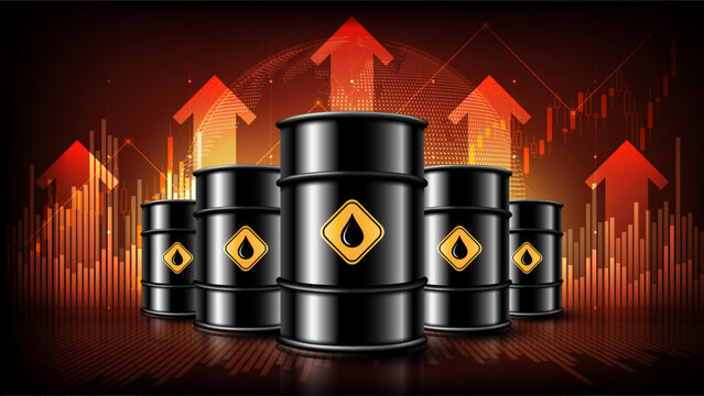Global crude oil price surge and energy crisis concept with rising charts and oil barrels, vector illustration