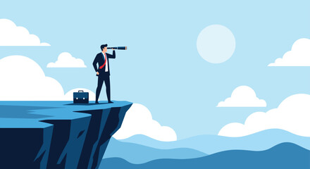 Motivated businessman standing on a high cliff edge looking through a telescope towards the bright sun and distant hills.