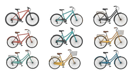 Obraz premium Collection of nine diverse bicycle designs including mountain bikes, city bikes and vintage styles in various colors.