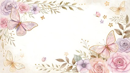 Elegant Wedding Invitation Border: Roses, Butterflies, Floral Accents - Romantic Background