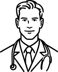 Obraz premium Hand Drawn Professional Doctor Wearing a Stethoscope Black and White Avatar Illustration in Minimal Line Art Style Design