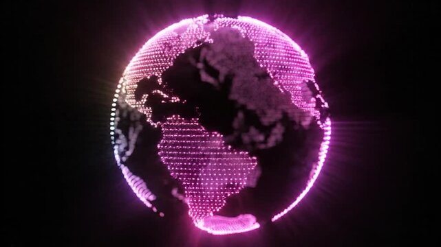 A vibrant digital globe made of glowing dots rotates against a dark background