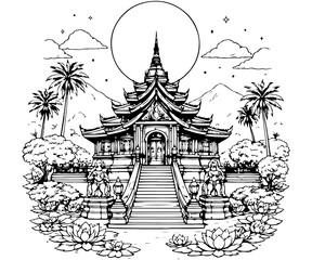 Fototapeta premium Serene Traditional Asian Temple with Moonlit Sky Illustration line art