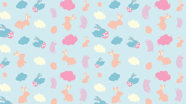 Playful pattern of Easter bunnies and clouds on a light blue background for children content.