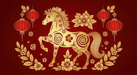 Obraz premium Gold horse with red lanterns and flowers on maroon background illustration