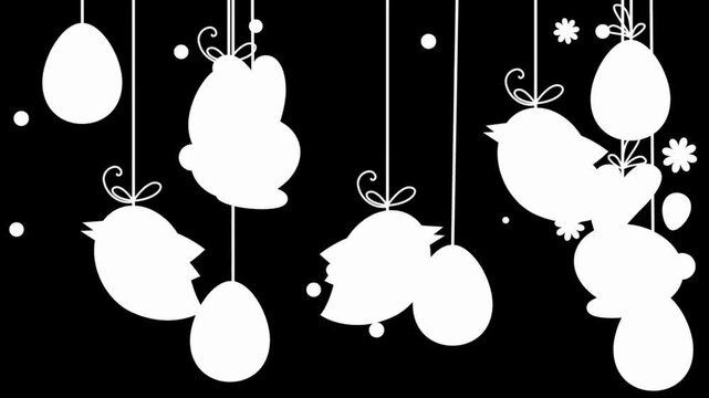 Black and white silhouette of hanging Easter chicks and rabbits for a minimalist holiday pattern.