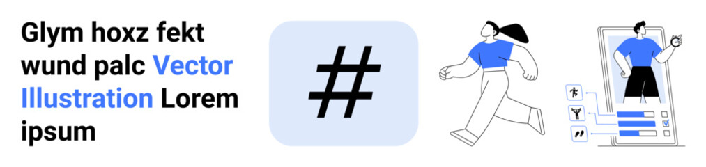 Obraz premium Central metadata tag, female figure in motion, and digital interaction on a mobile device. Ideal for social media, branding, technology, communication, user content, marketing simple landing page