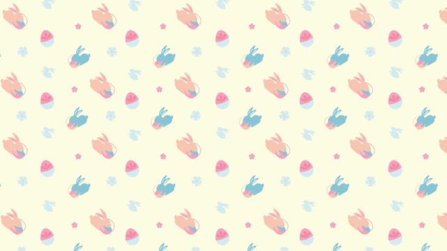 Seamless pattern of tiny bunnies and Easter eggs on a light cream background for textile design.