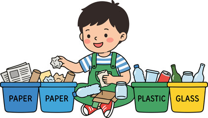 Cute child putting plastic bottle into recycling bin eco illustration