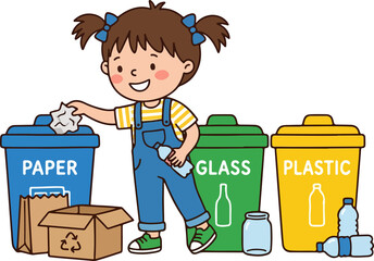 Cute child putting plastic bottle into recycling bin eco illustration