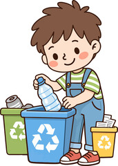 Cute child putting plastic bottle into recycling bin eco illustration