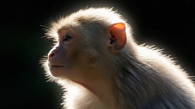 Profile portrait of a thoughtful monkey bathed in sunlight against a dark natural background.