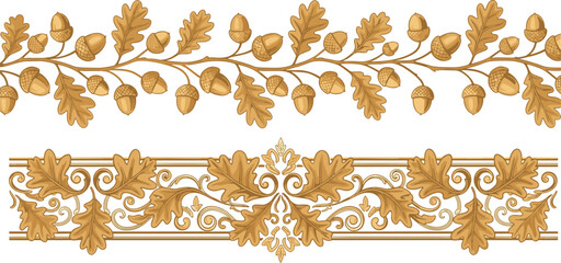 Ornamental border silhouette illustration, decorative oak leaf artwork, acorn vine vector design, floral scrollwork graphic, classical pattern icon, vintage style image © Muntaha