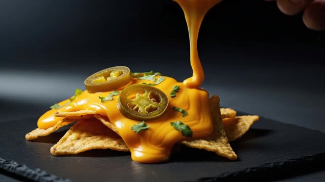 Hand reaching for a cheesy nacho chip with jalape&ntilde;os and herbs on a dark background