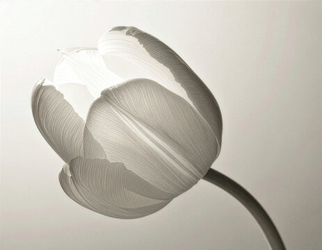 チューリップ Tulip 182 Close-up of a Single White Tulip with Soft Petal Textures in High-Key Monochrome（柔らかな花びらの質感が際立つ白チューリップ一輪のハイキー・モノクローム）
