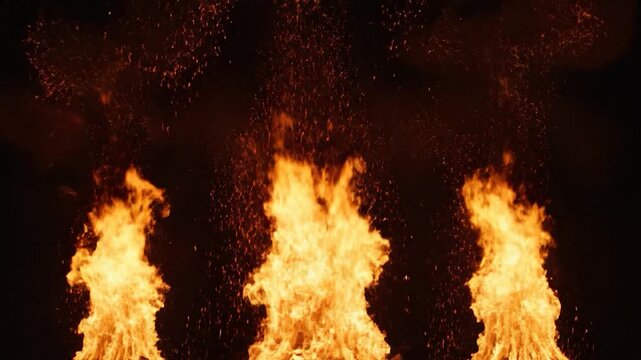 Three powerful fire explosions erupting with intense flames and sparks against